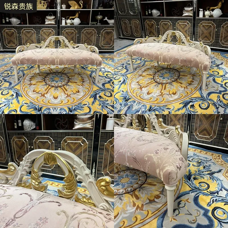 For French Style End Stool European Fabric Embroidered Recliner Lazy Chair Bedroom Shoe Changing Bench Elegant Home Decor