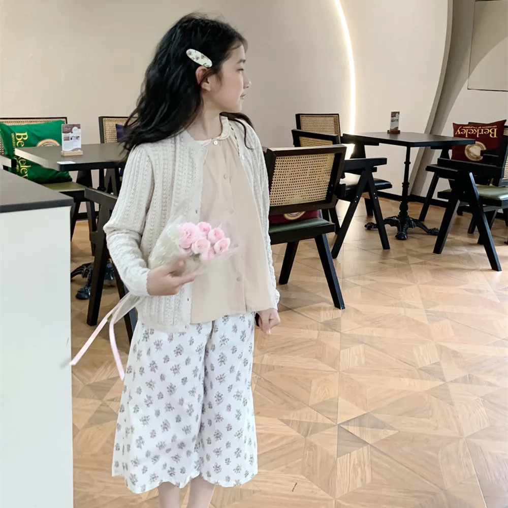 kids girl clothes girl coat Knitted hollow pattern cardigan Solid color spring summer outerwear out Girls' sunscreen clothing