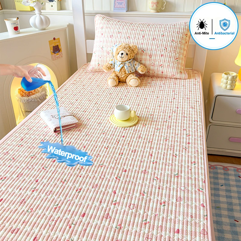 Waterproof Antibacterial Anti‑Mite Fitted Mattress Protector, Cute Floral Printed Mattress Cover, Soft Breathable Bed Cover