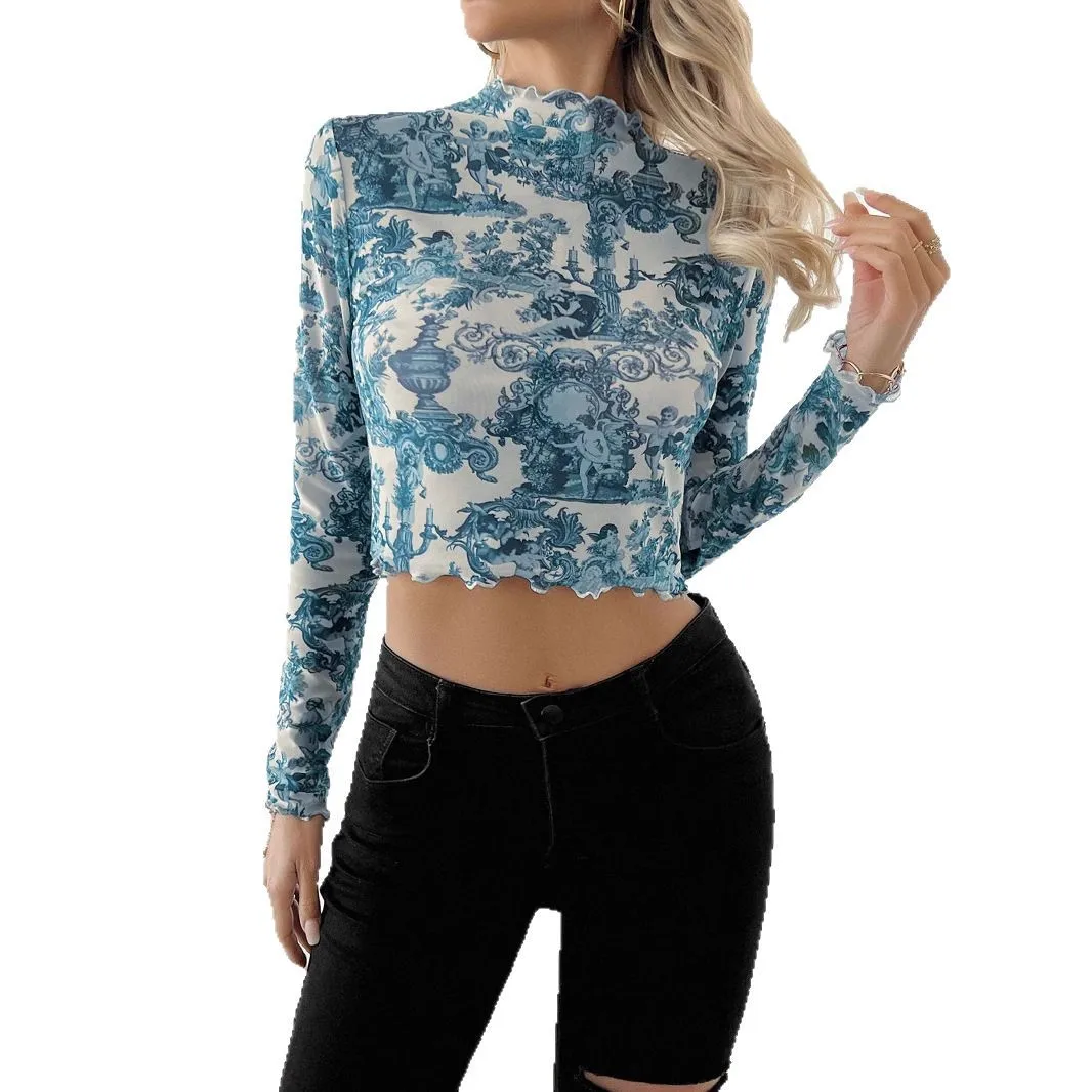 Spring and Summer 2025 New Women's Transparent Blue Printed Long-sleeved Small Stand-up Collar Mesh Short T-shirt Cw35495