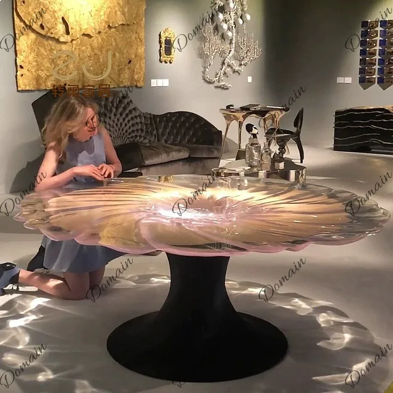 ZJ Corner Crystal Round Flower Dining Table Luxury Transparent Resin Art Flower Shape Glass Fiber Round Tea Table