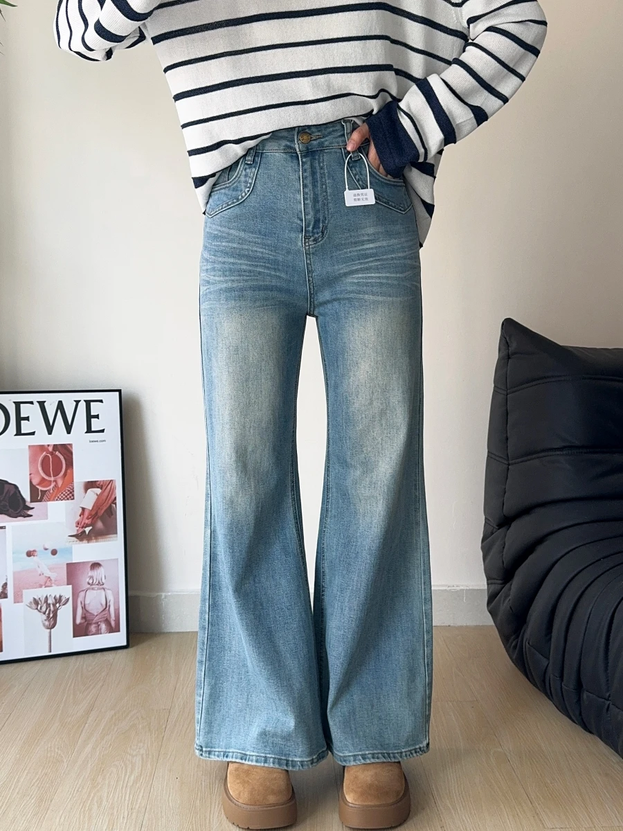 

High Waist Bell Bottom Jeans Women's Spring Long Pants Elastic Cotton Denim High Elasticity Flared Pants Floor-Length Jeans