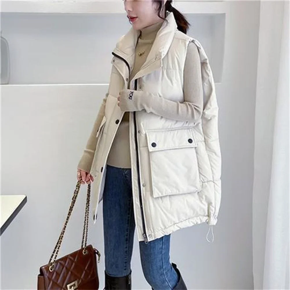 

New Autumn Winter Down Cotton Sleeveless Thick Warm Vest Jacket Women's Fashion Mid Long Ladies Waistcoat Coats Female Tops XQ2