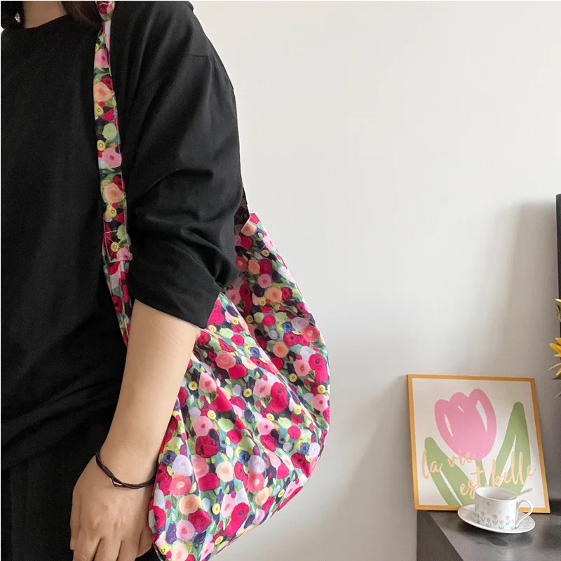 Casual Portable Large Capacity Women\'s Shoulder Bag Sweet Flower Print Ladies Eco Shopping Bags Vintage Female Beach Handbag