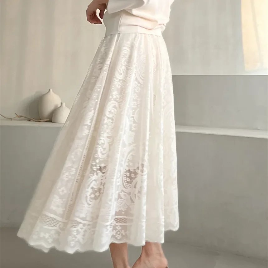 Elegant Full Lace Long Skirts Women All Seasons Hot Selling Fashion High Street Ladies' Loose Midi Skirt Female Cheap Wholesale