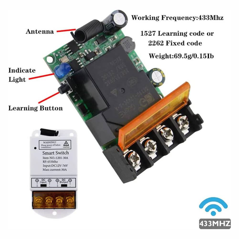 Universal DC 12V 24V 76V 30A Remote Relay 433Mhz Remote Control Wireless Switch On Off Used for Smart home appliances/Light