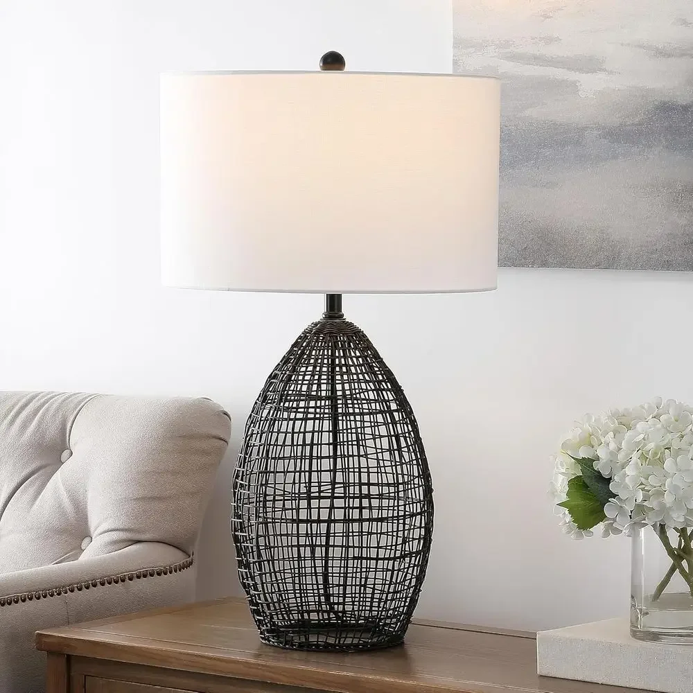 30-inch Black Rattan LED Table Lamp with Included Bulb