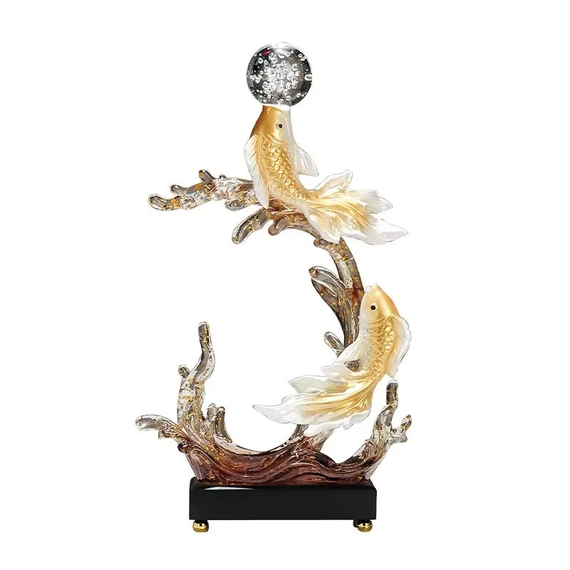 Dual Leaping Goldfish Table Decor Transparent Wave Frame Crystal Orb Accent Cabinet Display Craft Gradient Cream Golden Fish