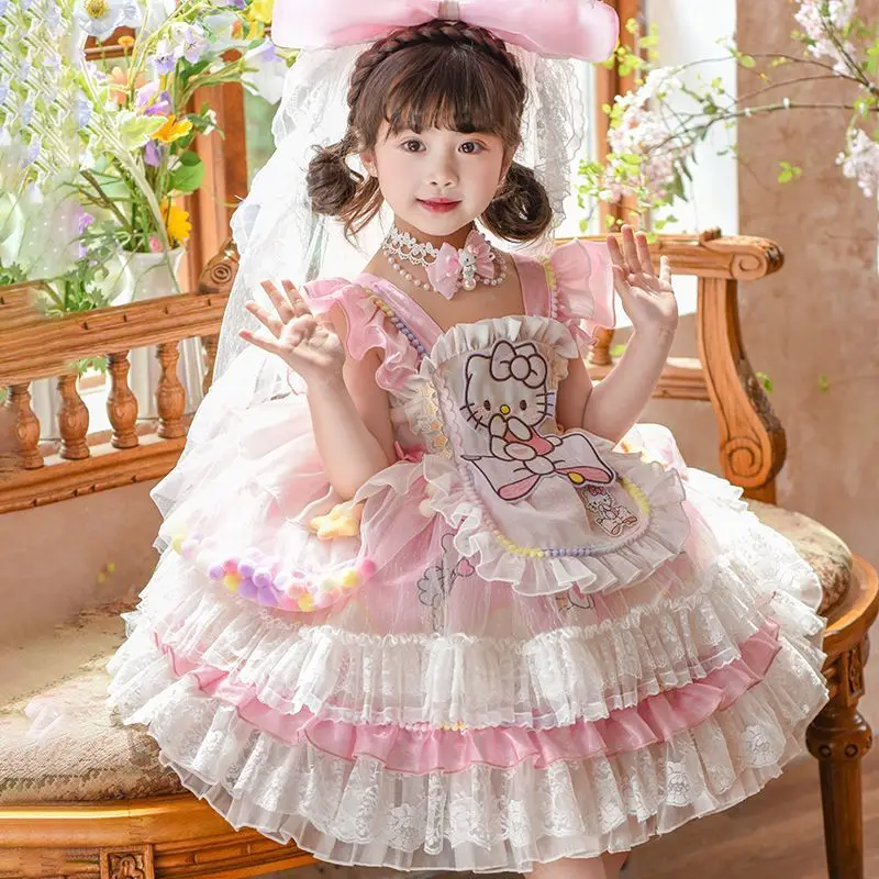 Sanrio Girls Princess Dress Children's Cake Dress Cute Hello Kitty Birthday Fairy Tale Cartoon Skirt Anime Suit