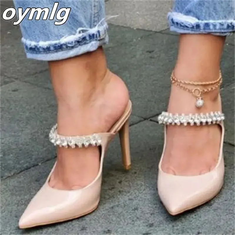 

Summer new pointed toe stiletto high heels patent leather rhinestone outer wear ladies half slippers large size 43