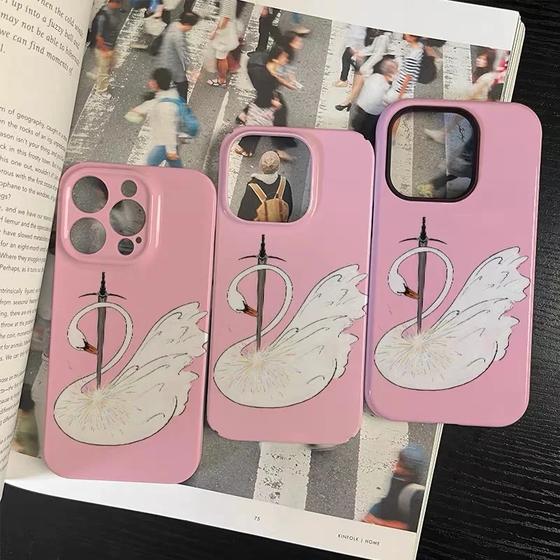 Ins Korean Pink Swan Sword Art Phone Case for IPHONE 17 Air 16E 15 PROMAX 14 Plus 13 12 MINI 11PRO 16Plus XR Acrylic Phone Cover