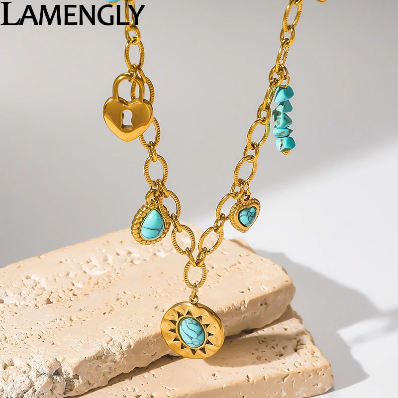 

LAMENGLY 316L Stainless Steel Circle Water Drop Heart Shaped Lock Turquoise Pendant Necklace For Women New Trend Neck Chain Gift