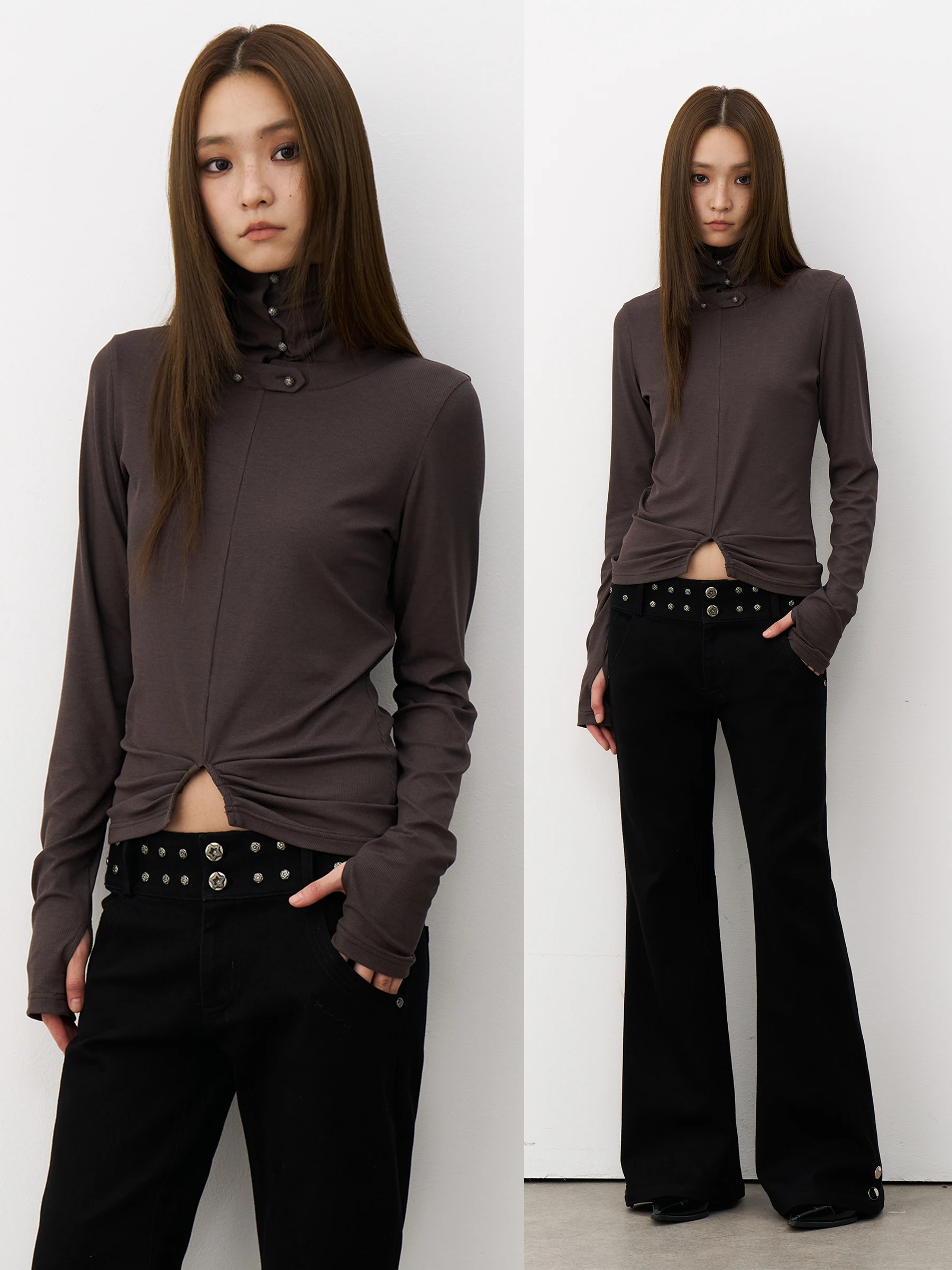 

Women's High Collar Long Sve T-irt Belly Baring Waist Cinching Original Retro Sle Winter New Faion Breathable Cotton...