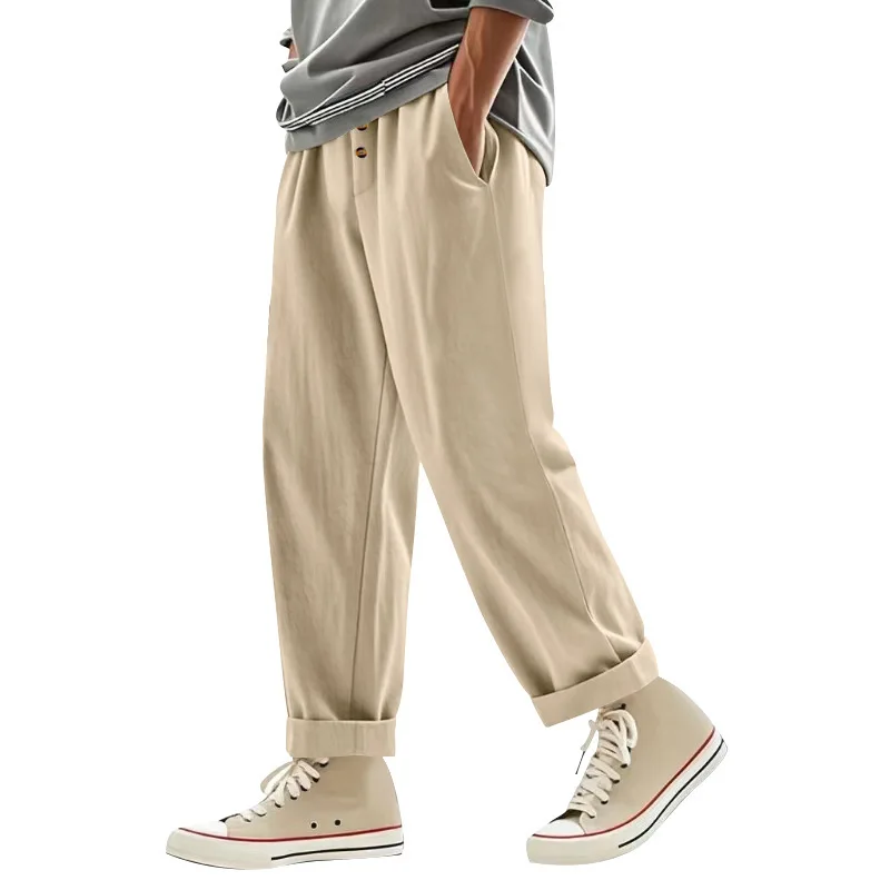Herren Boho Leinenmischung Weite Hose mit Hoher Taille, Kordelzug, Knopfleiste, Lockerer Passform und Seitentaschen – Detail 28