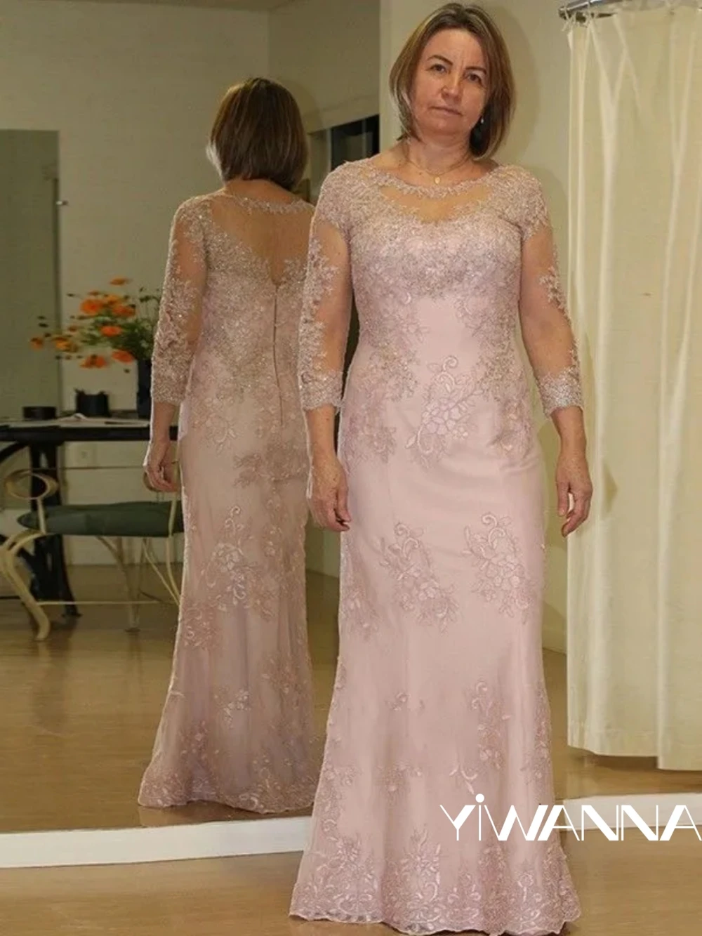 Rosa gerade lange Mutter der Braut Kleid für Hochzeit O-Ausschnitt Ärmel Ballkleider klassische Spitze Applikationen Abendkleid