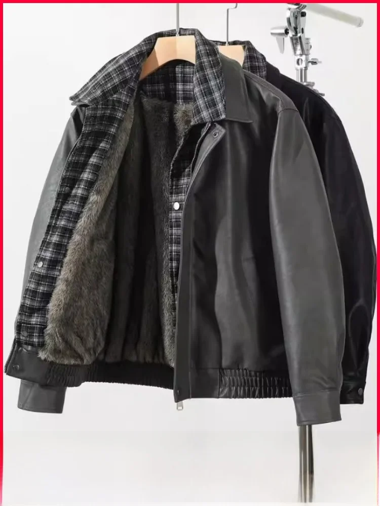 

Thiened Faux Leather Biker Jaet Stand Collar Fake Two-Piece Winter Men's Faionable Warm Casual Sle Zipper C...