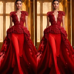 Floral Prom Dresses Sexy Deep V Neck Capped Sleeves Appliqued Lace Evening Gowns Short Sleeves Sweep Train A Line Party Wear