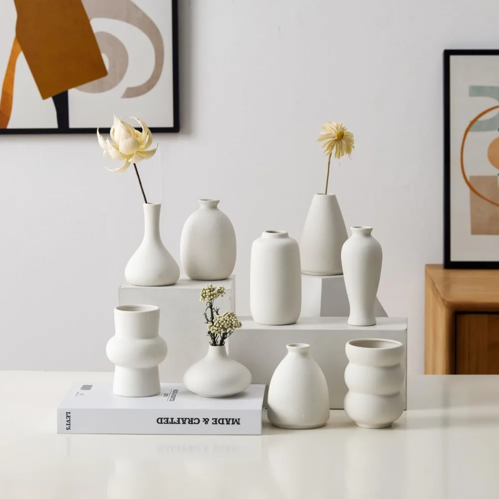 

Set of 9 Ceramic Bud Vases for Pampas Grass Flowers, Small Vases in Bulk for Centerpieces Boho Vases for Wedding Decorations