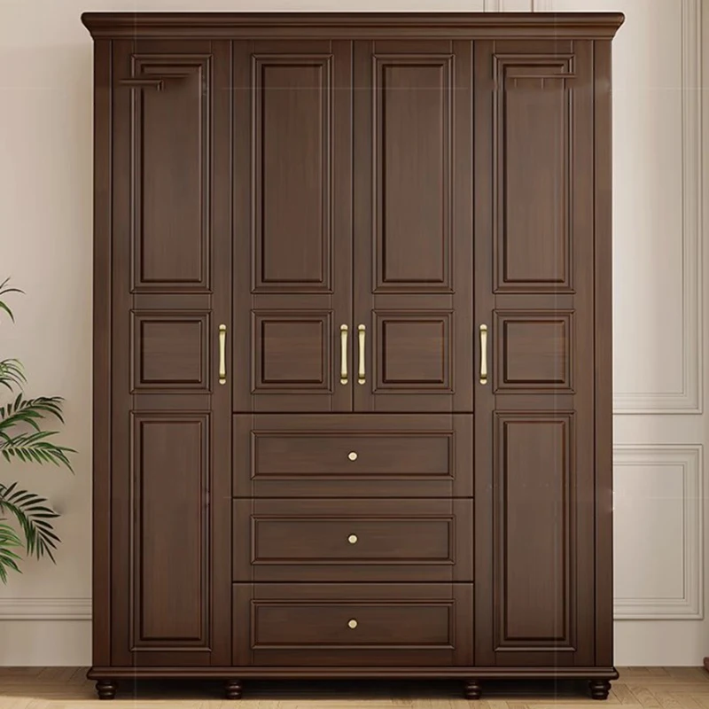 American Retro Wardrobe Wood Large Black Walnut Wardrobe 4 Doors Cabinet Vestidores De Armario Abiertos Ropero Furniture