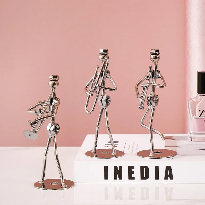 Metal Musician Guitar Player Statue Retro Sculpture Musical Instrument Little Iron Art Collectible Figurine Book Shelf Decor