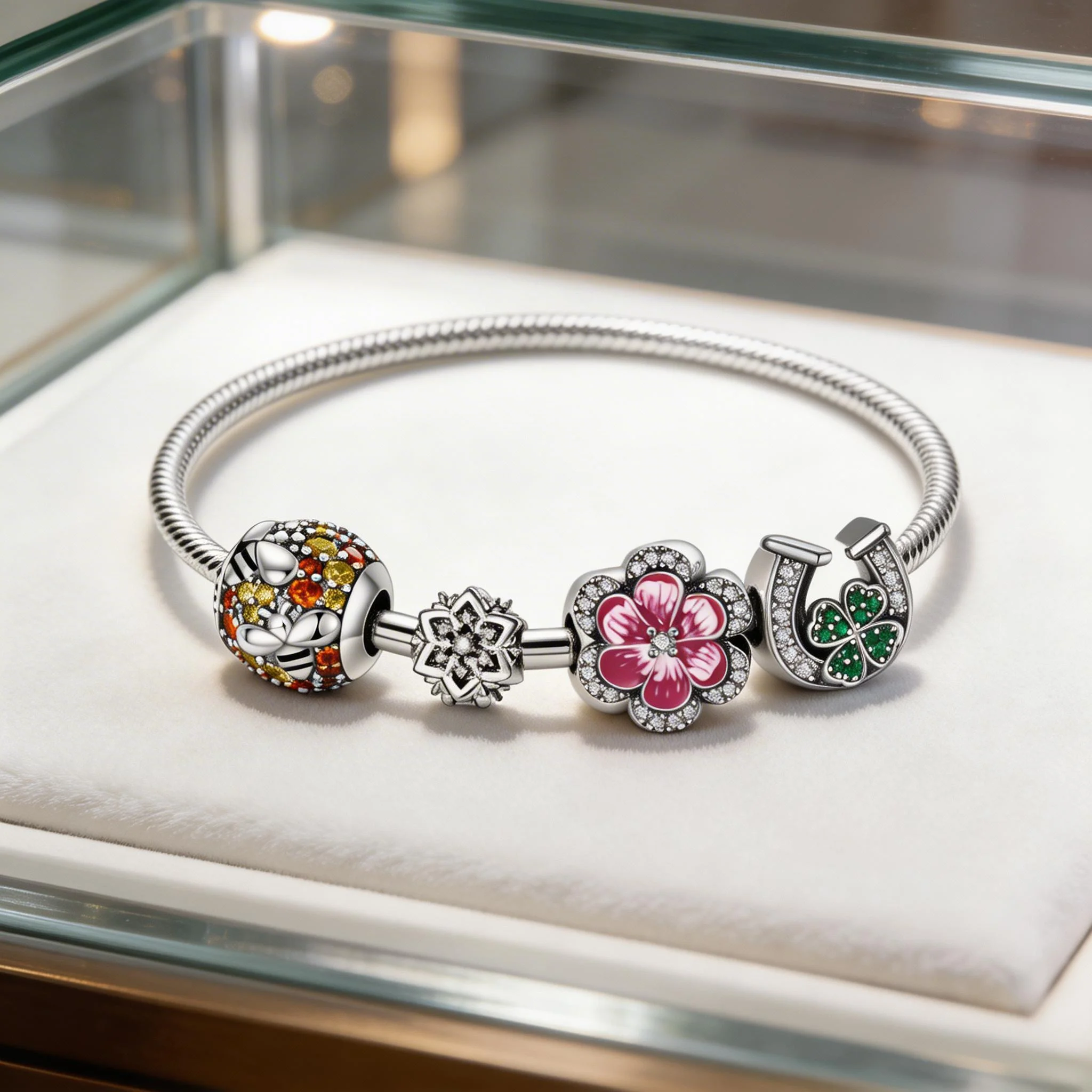 

925 Sterling Silver Flower bees Charms Pendant with Cubic Zirconia,Fit DIY bracelet necklace Gift for Her,Colgante Plata