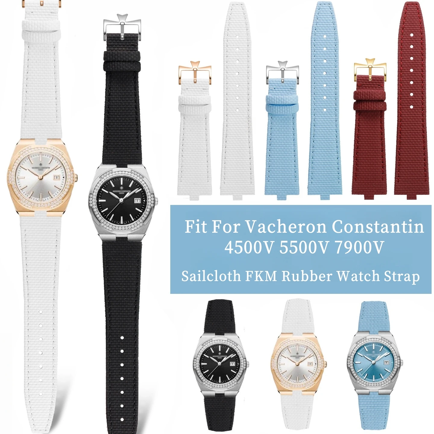 

Hand-Made For Vacheron Constantin Overseas 4500V 5500V 7900V Sailcloth FKM Rubber Strap 24×7mm With Steel End Linking Watch Band