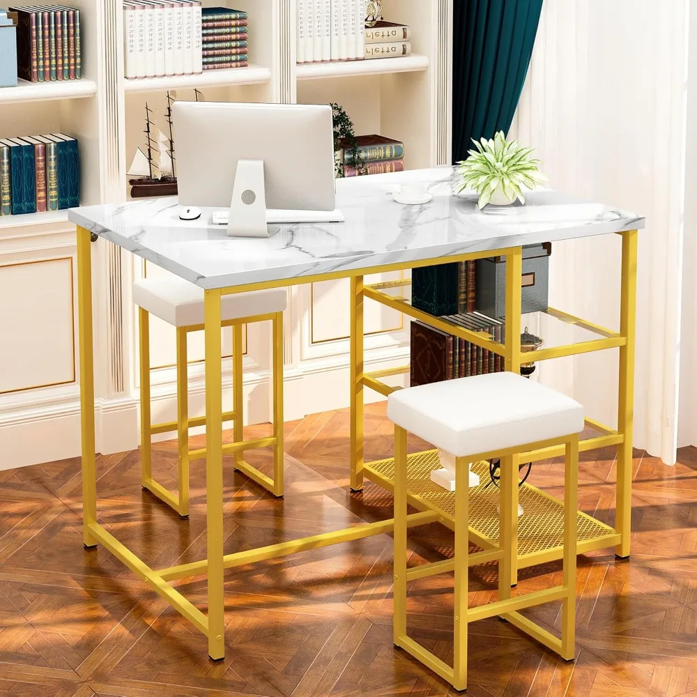 Mesa de jantar com espaço de armazenamento Conjunto de mesa e cadeira de mármore artificial Conjunto de sala de jantar moderno, 2 pessoas