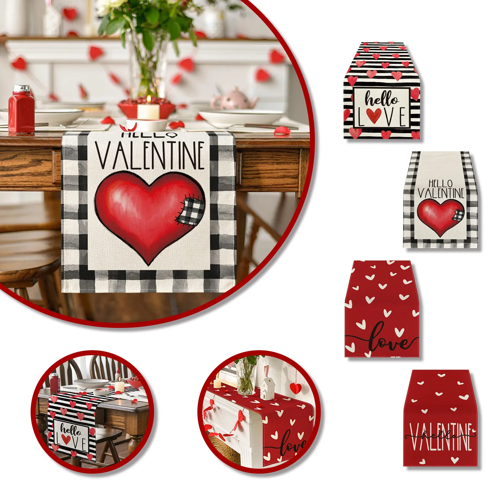 Valentine\'s Day Table Flag Loving Heart Table Runner,Linen Rose Dining Table Decoration For Wedding Bride Party Tablecloth
