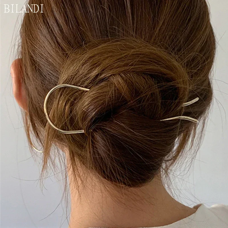 Bilandi Trendy Rose Gold Color Metal Hair Stick Geometric U Shape Fork Hairpins Headwear Accessories for Women