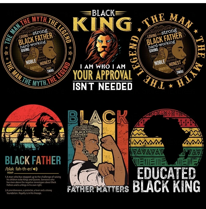 Cool Strong Balck Father Clothes Stickers Map Cross Lion Black King Iron On Transfer For T-shirt DIY Iron On Patches Vinly Decor