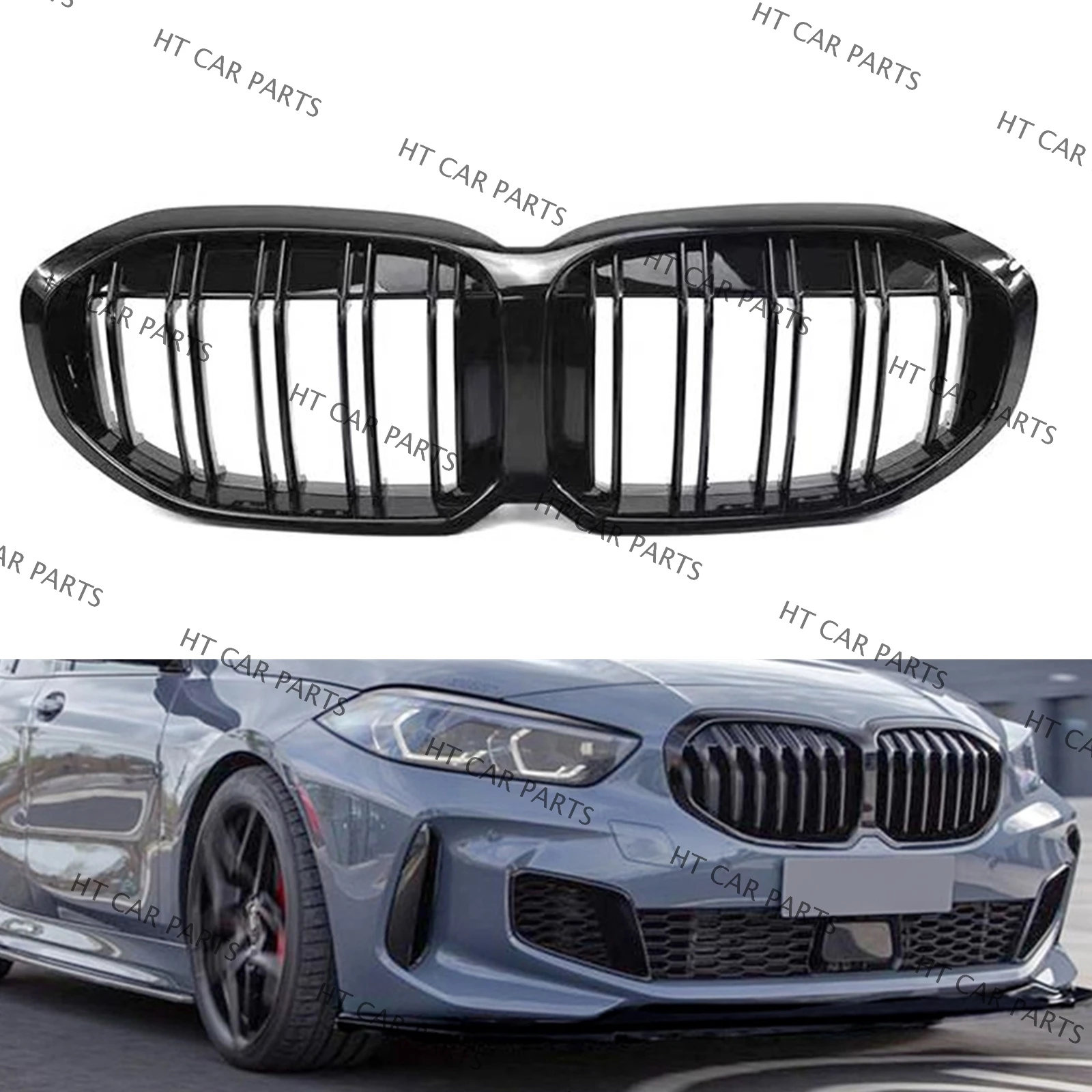 1 x Black Front Bumper Double Line Kidney Grille For BMW New 1 Series F40 2019-2023 2019 2020 2021 2022 2023