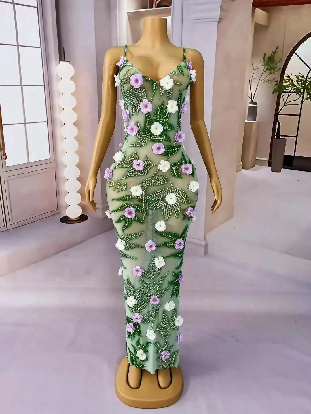 Comemorar aniversário sessão de fotos palco realizar traje vestido de festa à noite feminino sexy palco strass flor vestido sem alças
