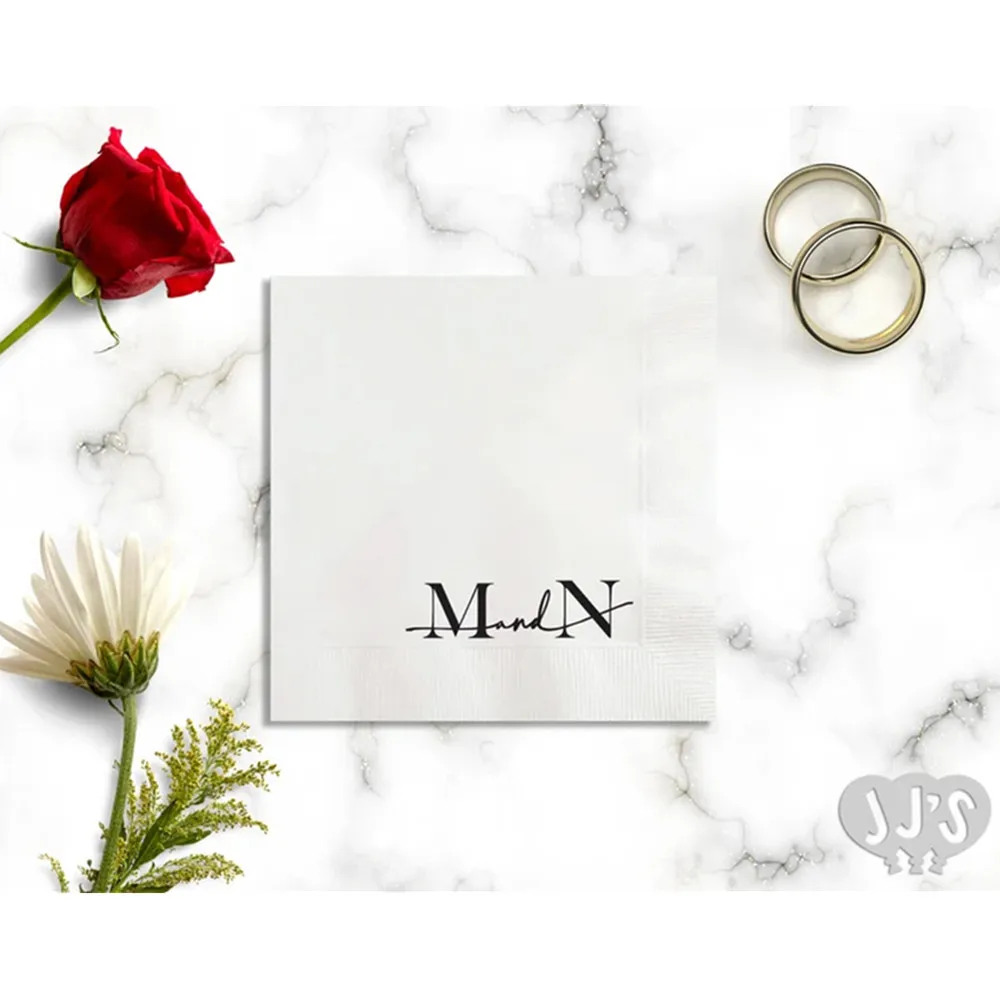 

50PCS Custom Wedding Napkins: Modern Monogram in Black and White Custom and Personalized Wedding and Engagement Beverage Napkins