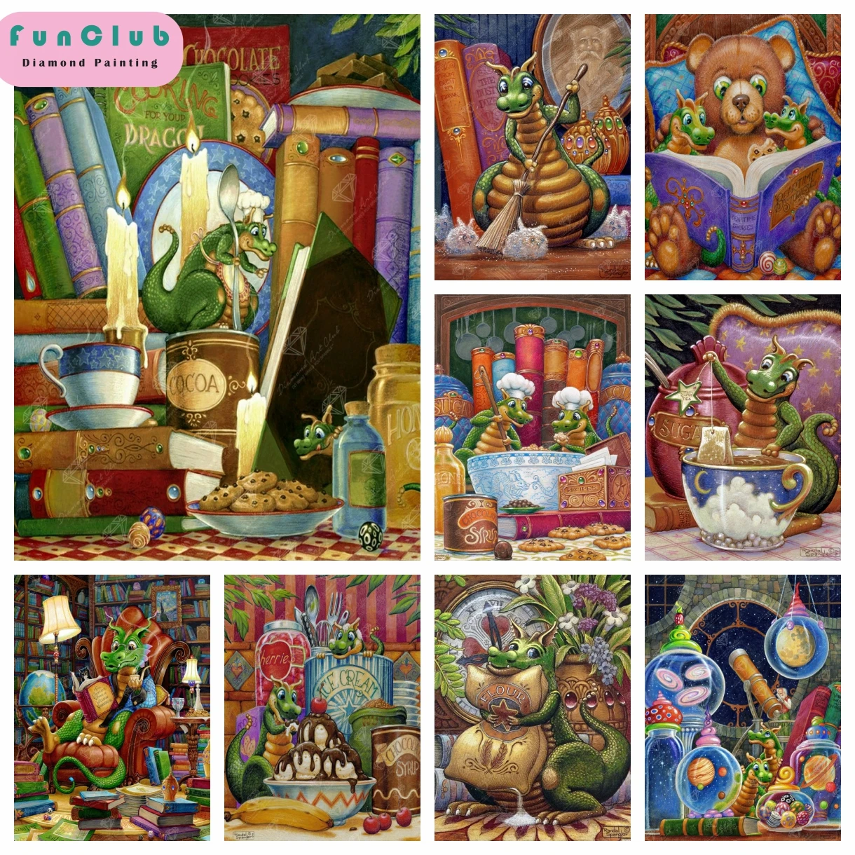 

Cute Animal Little Dragon 5D DIY Diamond Painting Reading Books By Randal Spangler Cross Stitch Mosaic Home Decor Creative Gifts