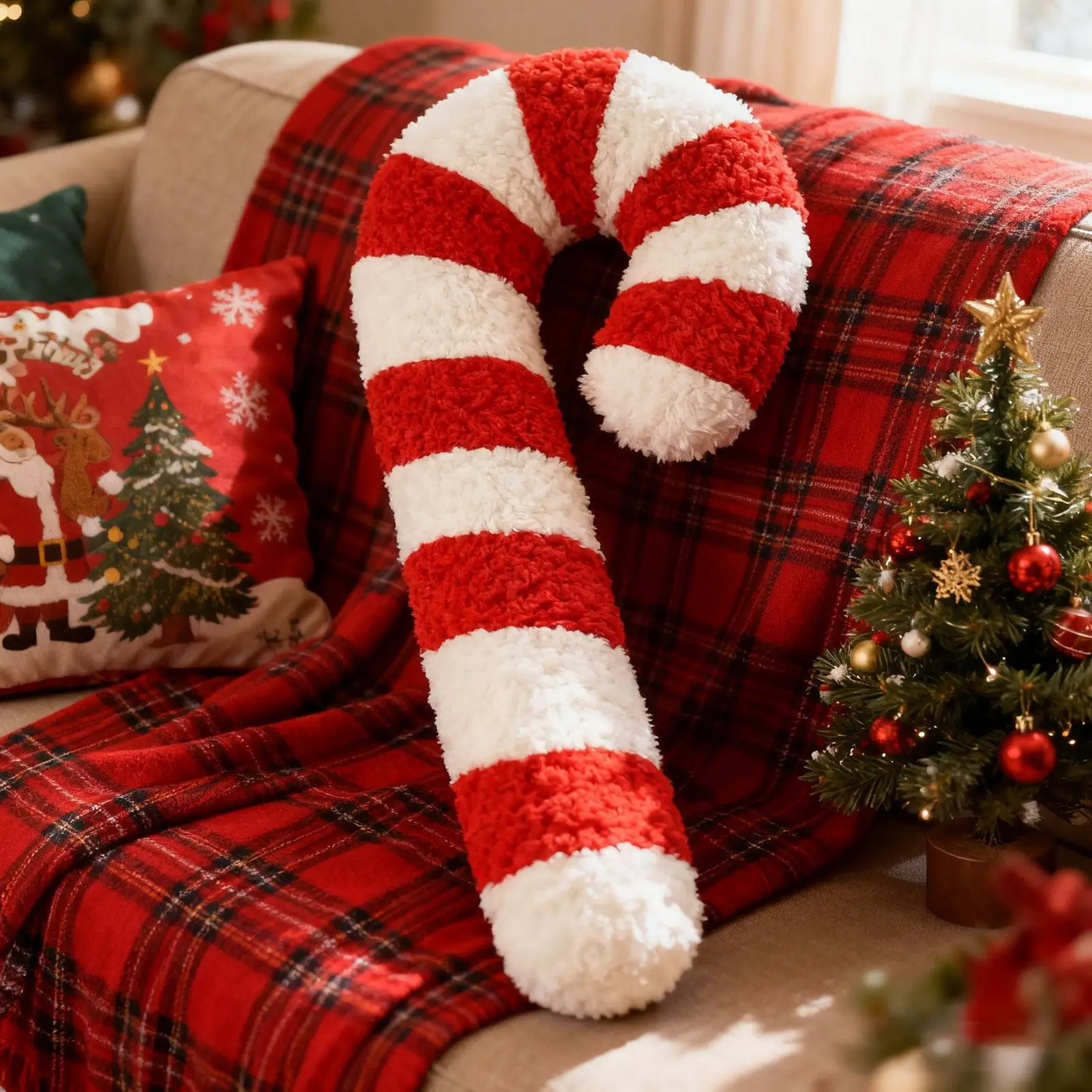 Christmas Candy Throwing Cushion 40cm Soft Plush Candy Cane Pillows Xmas Home Decoration For Sofa Chair Apartment