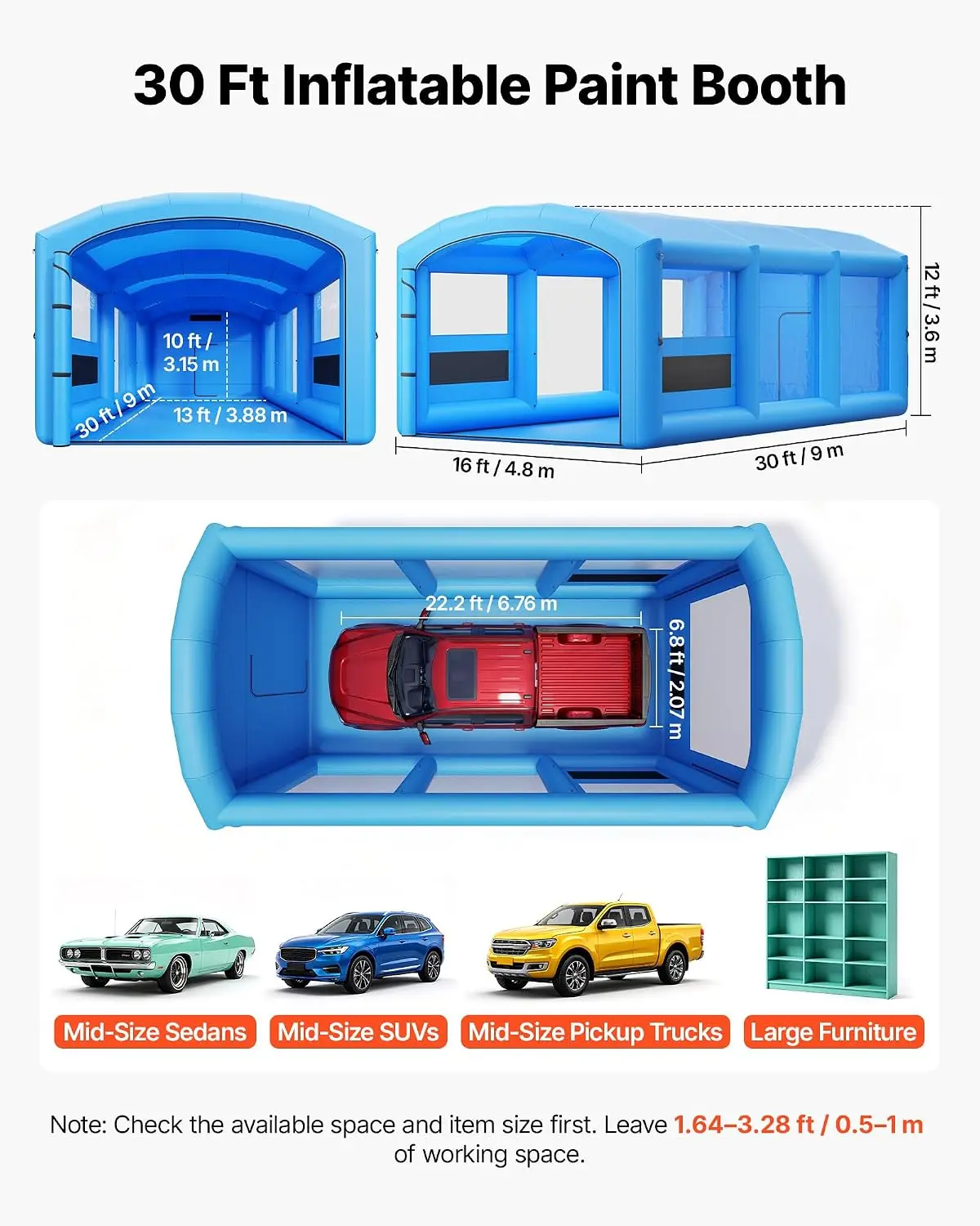 Inflatable Paint Booth, 30 x 16 x 12 ft, Portable Spray Booth with 750W+950W Blowers and Large Filter Cotton, Arched Roof Blow U