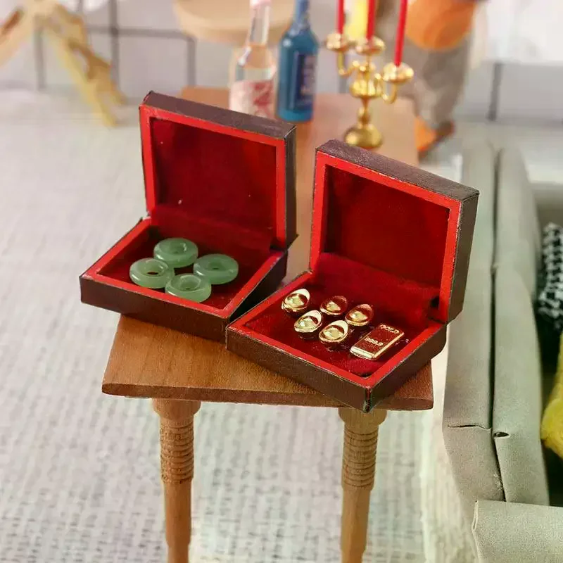 1 세트 빈티지 보석 케이스 1:12 인형 집 미니어처 액세서리 미니 나무 보석 상자 모델 장난감 인형 집 장식용
