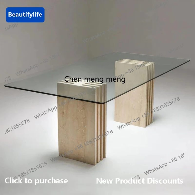 

D183 Natural travertine dining table round marble dining table household stone luxury stone retro round table