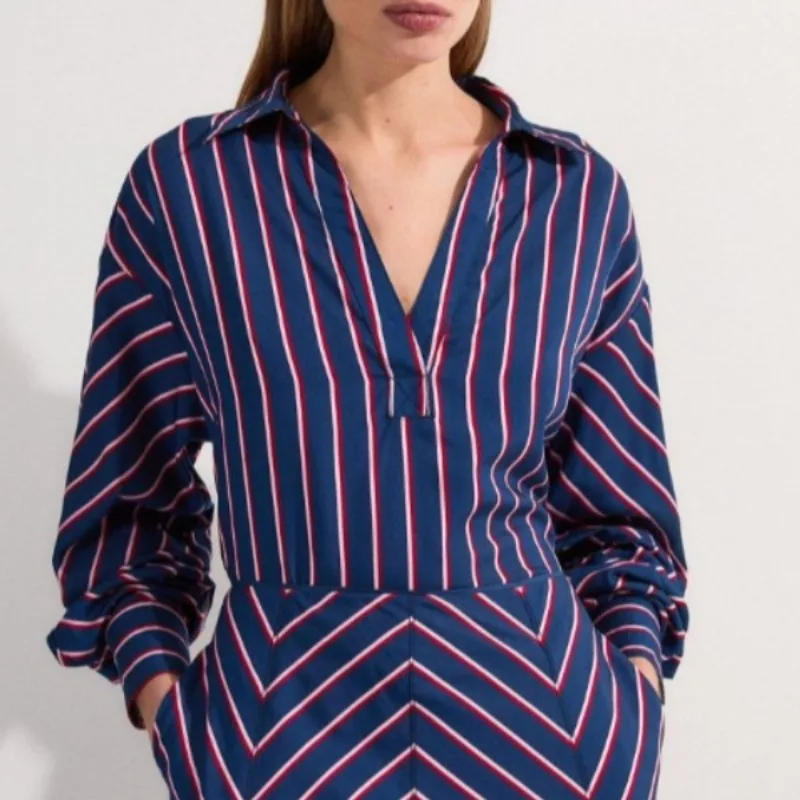 

Beautyblue Women Blouses V-neck Striped Shirts Trend 2025 Loose Lantern Sleeve Lapel Tops T-shirt Fashion Ladies Office Clothes
