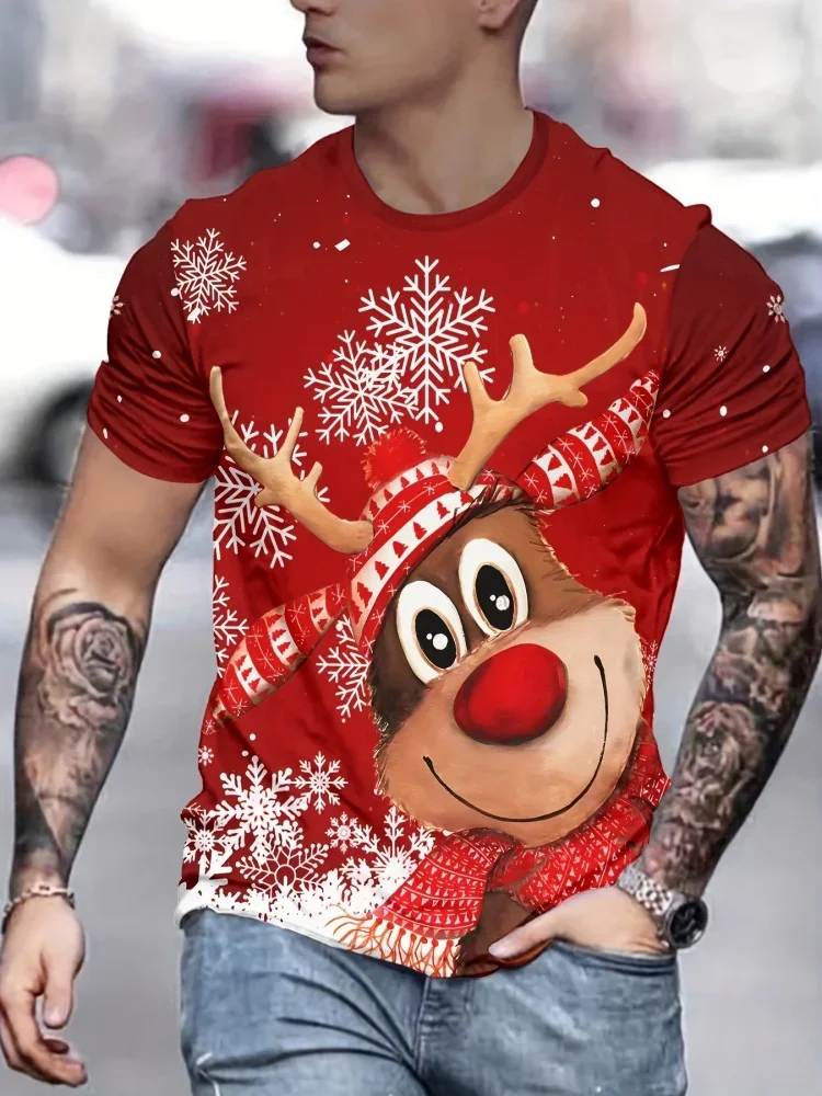 2026 Men Christmas Reindeer T Shirt Cute Rudolph Snowflake Xmas Graphic Short Sleeve Holiday Tee Trendy Street Unisex Clothing