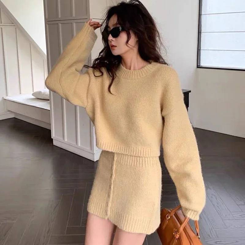 

2024 Autumn Winter 2 piece Sets Women Sweater Short Pullover Loose Long Sleeve Tops High Waist Mini Skirt Set Women Outfit