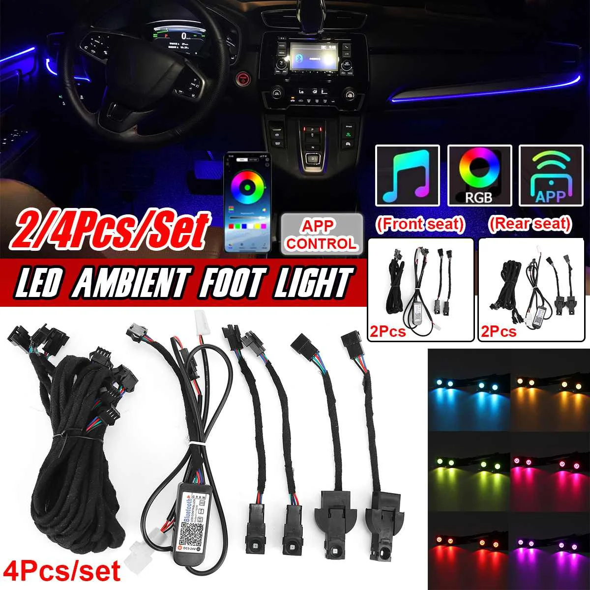 4x LED Car Interior Atmosphere Floor Music Lights RGB Bluetooth APP Decorative Strips Ambient Light For Toyota Camry 2019-2021