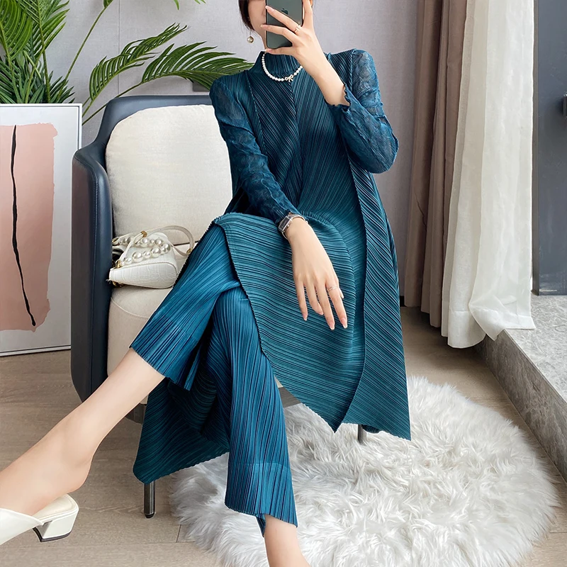 Miyake Pleated Two Piece Set Fall 2023 Winter New Loose Casual Suit French Lace Fashion Long Dress Top Pencil Pant Women Clothes