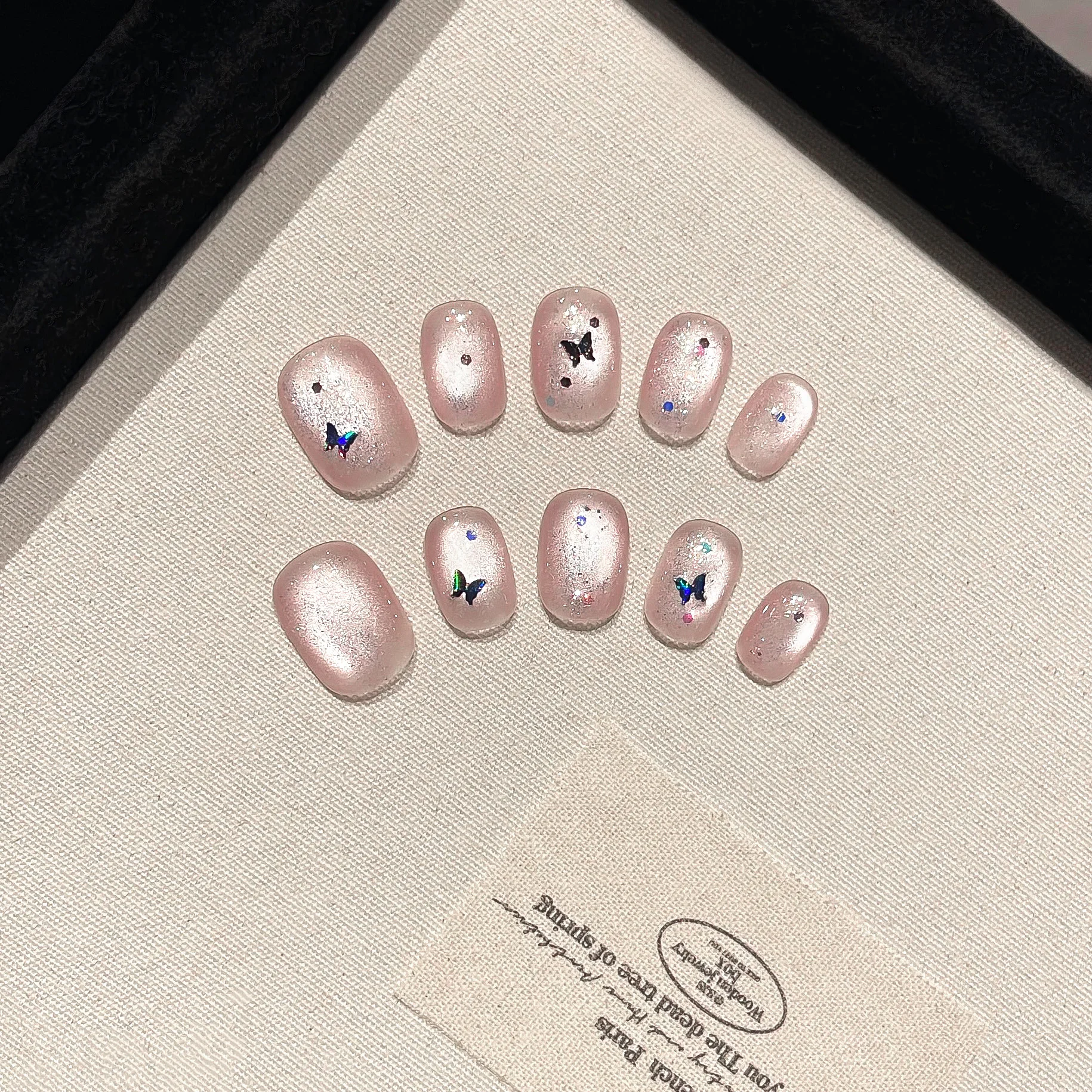10PCS Original Handcrafted False Nails, Nude Glitter Short Square Press On Nails with 3D Butterfly Nail Art Tips