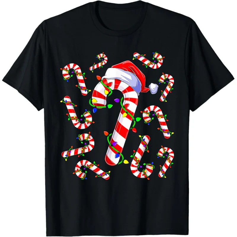 Red and White Christmas Candy Cane Santa Lights Christmas T-Shirt Loose men's and women's