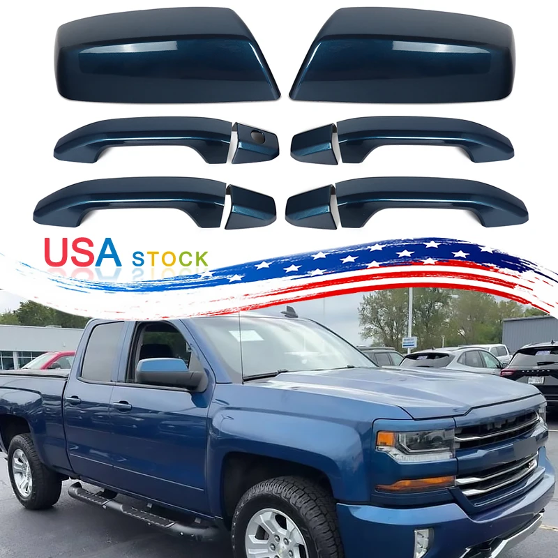 

DEEP OCEAN BLUE Car Exterior Side Door Handle Bowl Cover Rearview Mirror Cap For Chevrolet Silverado 1500 2014-2018