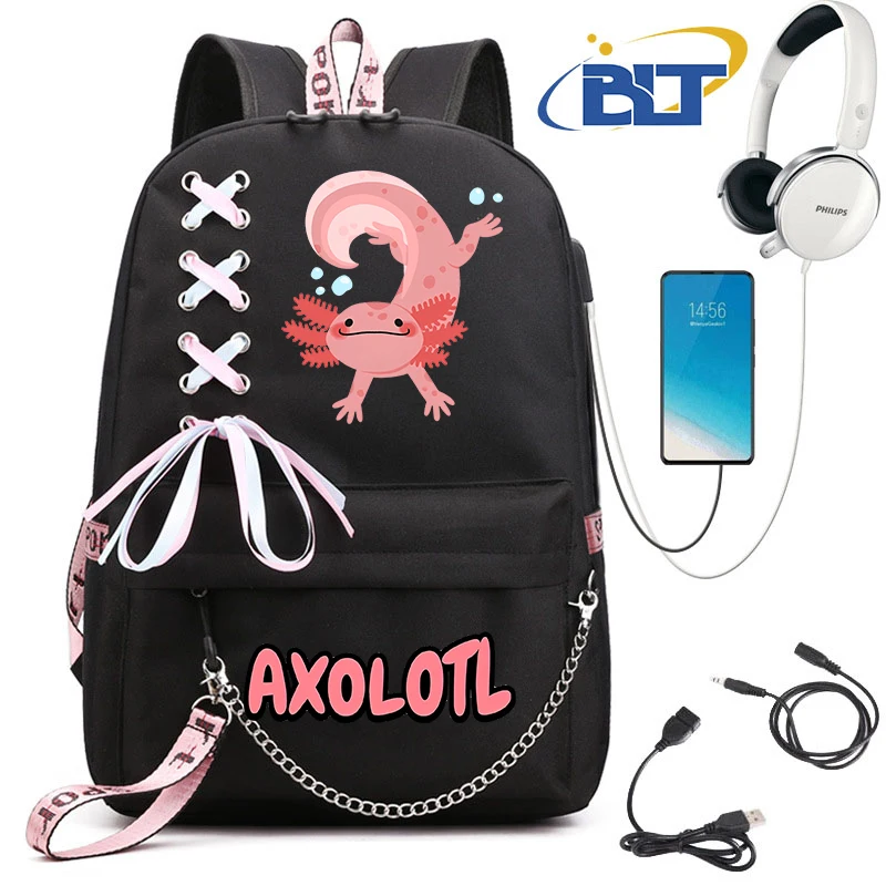 Simpatico zainetto per studenti stampato Axolotl per ragazze zaino nero borsa casual per bambini usb torna a scuola regalo