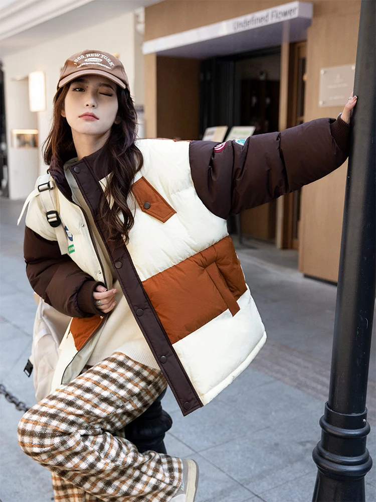 

Утепленная хлопковая куртка женская свободного кроя с воротником-стойкой, в стиле колор-блок, теплая верхняя одежда с наполнителем из хлопка 7%-80%, зимнее пальто