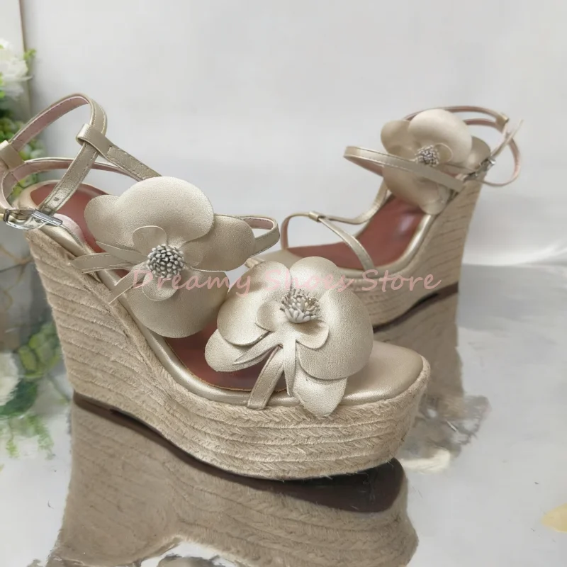 

Flower T-Tied Decor Platform Wedges Sandals Women Square Toe Open Toe Hollow High Heels Fashion Sexy Party Prom Ladies Shoes New