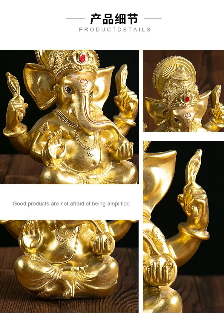 2023 آسيا تايلاند المنزل سيارة الذهبي غانيش الفيل إله الثروة النحت تمثال + حظا سعيدا كريستال الجديور تميمة #4